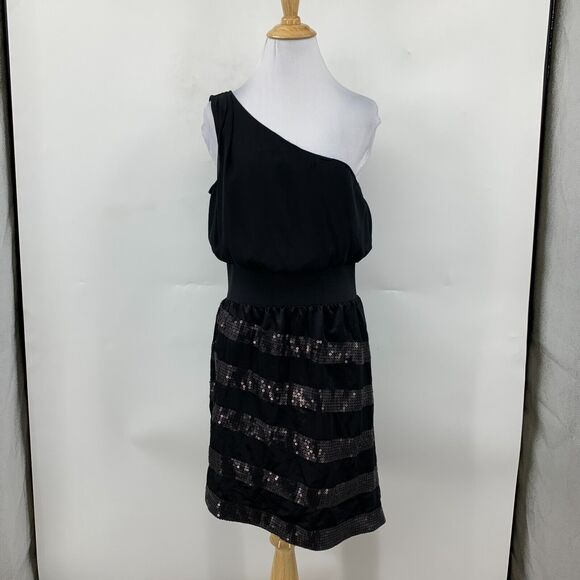 She Said... Sequin Cocktail Dress Womens S Small Black One Shoulder Banded Waist - Picture 2 of 15